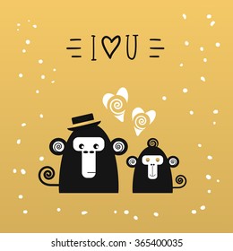 Cute card with monkeys, love collection. Trendy gold glitter texture. Perfect for valentines day, birthday, save the date invitation.