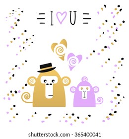 Cute card with monkeys, love collection. Trendy gold glitter texture. Perfect for valentines day, birthday, save the date invitation.