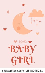 cute card with a moon and a cloud for a little newborn girl 
