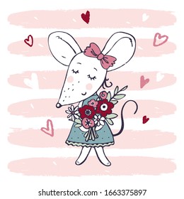 Cute card for Mother's Day, March 8, Valentine's Day. The little mouse girl is wearing a dress and holding
bouquet of flowers. Background with pink lines and hearts. Hand drawn vector illustration.