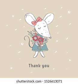 Cute card with mouse and text: thank you. Funny rat with a bouquet of flowers. Little girl mice. Hand drawn vector illustration. 2020. Greeting card for Mother's day, World Kindness Day. Thankfulness.