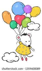 Cute card with a mouse in a yellow dress. The mouse is flying on colored balloons among the clouds. Colorful vector illustration in sketch style. Mouse traveler.