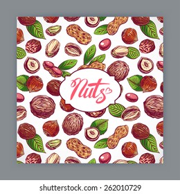 cute card with nuts and leaves. hand-drawn illustration