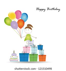 Cute card on birthday with colorful presents and balloons