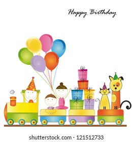 Cute card on birthday with colorful kids train