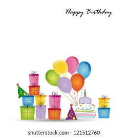 Cute card on birthday with colorful presents and balloons