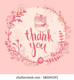  cute card with owls and floral elements in pink color