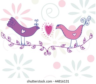 Cute card with pair of birds on the branch