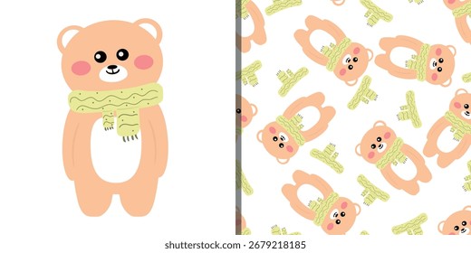 Cute card and pattern cartoon bear with wears a scarf for autumn vibe wallpaper