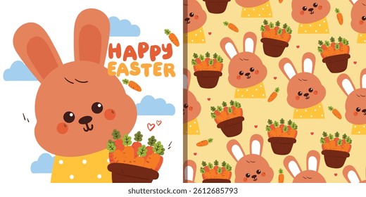 cute card and pattern for easter holiday. easter theme card and pattern with bunny, eggs and carrot