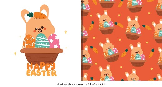 cute card and pattern for easter holiday. easter theme card and pattern with bunny, eggs and carrot