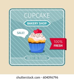 Cute card peach color cupcake with pink hearts, vector illustration