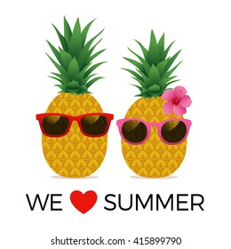 Cute card pineapple couple with text, we love summer. Summer holidays concept illustration vector.
