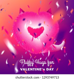 Cute card with pink fluffy devil heart on disco party background, vector design for Valentines Day