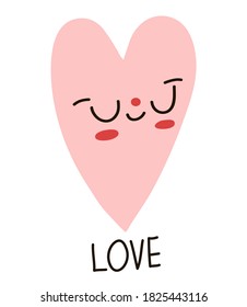 Cute card. Pink heart. Flat design. Cartoon style.