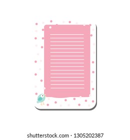 Cute Card with Place for Notes, Trendy Pink Lined Template with Lovely Bird Can Be Used for Calendar Daily Planner, Note Paper, Organizer, Schedule Vector Illustration