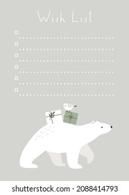 Cute card with polar bear, trees, snow, bird, and presents. Christmas holidays, gift boxes. Funny illustration, new year character