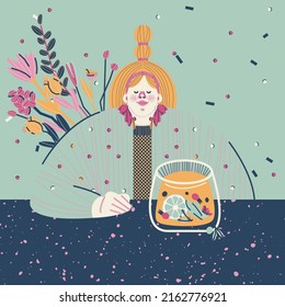 Cute card, print, illustration with a portrait of a girl with blonde hair and a tea cup, flowers at the table. 