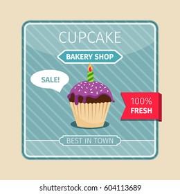 Cute card purple cupcake with candle, vector illustration
