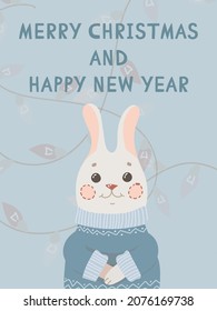 Cute card with a Rabbit. Christmas greeting gift cards with winter elements and holiday wishes. Winter vector illustration isolated on white background.