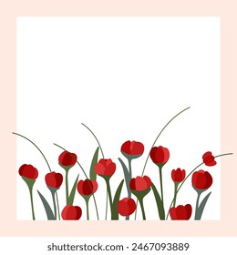 Cute card with Red Flowers. Happy Women's Day March 8. Birthday, congratulations, Wedding, Mom's Day. Cute card and poster for spring holiday. Vector illustration of bouquet of flowers