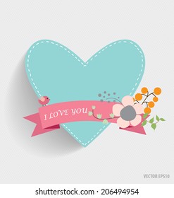 Cute card with ribbon, heart and floral bouquets, vector illustration.