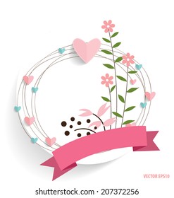 Cute card with ribbon, heart and floral bouquets, vector illustration.
