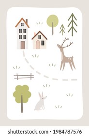 Cute card with rural landscape, animals, trees, houses, lake. Horse, wolf, little village.