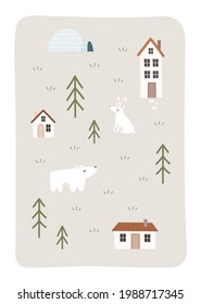 Cute card with rural winter landscape, animals, iglu, trees, houses. Bear, hare, little village.