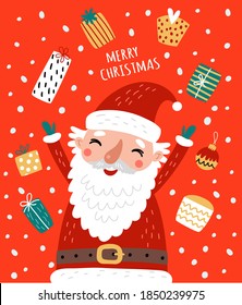 Cute Card With Santa And Christmas Gifts