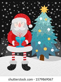 Cute card with Santa. New year and happy christmas. vector illustration