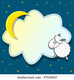 Cute Card with Sheep Cloud and Moon on Blue Background. Vector