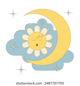 Cute card of a sleeping daisy emoji with crescent moon and stars on a cloud background. Vector illustration for decoration, postcards, posters, flyers, banners, textiles.