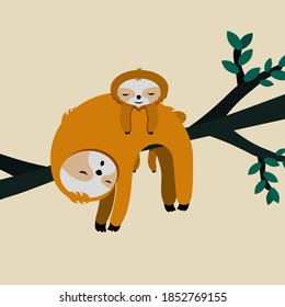 Cute card with sloth mom and baby. Happy Mothers Day. vector illustration.