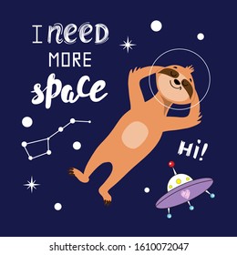 Cute card with space sloths on a blue background. Vector illustration for children