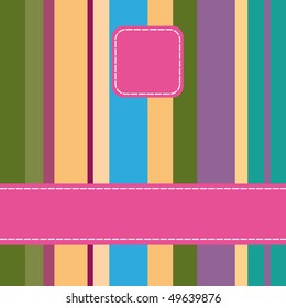 Cute card with a striped background, a dashed ribbon and a label