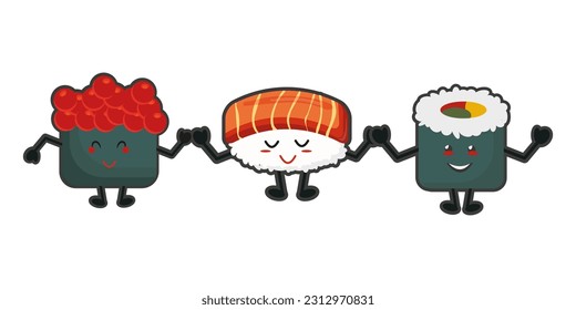 Cute card. Sushi kawaii. Sea food. Design for banner, card, placard, brochure. Vector illustration