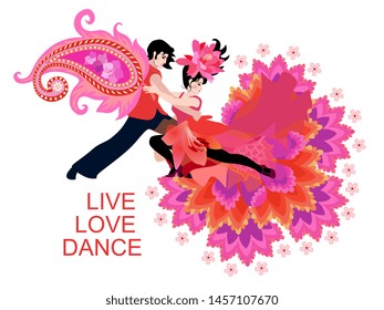 Cute card with tango dancers in bright fantasy costumes, decorated paisley and flowers. International Dance Day. Concert poster. Musical party. Carnival.