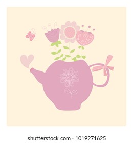 Cute card. Teapot with flowers. Ideal for scrapbooking, celebration card, invitation.