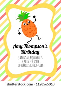 Cute card template of a birthday invitation with a pineapple dancing