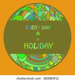 Cute card template in blue colors. Stylish romantic card template with frame made of colorful doodle. Vector background