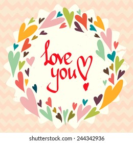 Cute card template in bright colors. Stylish romantic invitation card template with frame made of colorful doodle hearts on hand drawn chevron background.