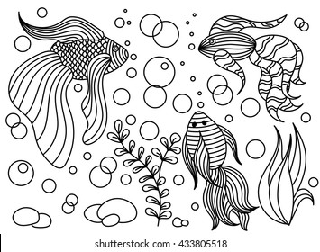 Cute card template with cartoon fish. Vector abstract hand-drawn illustration for coloring book. Doodle style. Zentangle style.