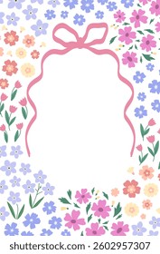 Cute card template with flowers and bow knot. Romantic flower garden background. Modern floral template design.