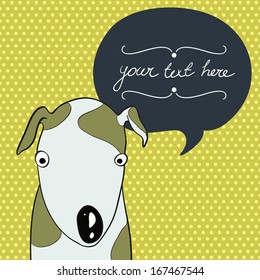 Cute card template with hand drawn cartoon dog and speech bubble on polka dot background.