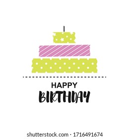 Cute card template Happy birthday cake with candle. Celebrat postecard with pattern stripes. Modern b-day background. Vector Illustation