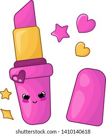 Cute card template with kawaii pink lipstick, woman stuff or girls accessory concept, makeup and face care products, cartoon characters, vector flat illustration