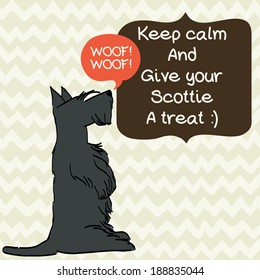 Cute card template with sketch of a sweet sitting Scottish terrier and figure frames for the text on doodle chevron background. Hand drawn cartoon dog begging for a treat.