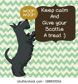 Cute card template with sketch of a sweet standing Scottish terrier and figure frames for the text on doodle chevron background. Hand drawn cartoon dog begging for a treat.