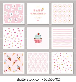 Cute card templates and seamless patterns set for girls. For birthday, wedding, baby shower, scrapbook, notebook cover design.